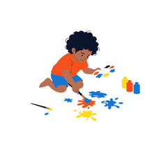 Young African American Boy Engrossed in Artistic Expression, Painting with Vibrant Colors on the Floor, Perfect for Child Development Education