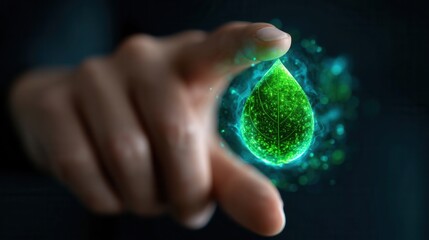 Human finger touching glowing green digital leaf icon