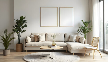 Minimalist living room with a neutral palette and two empty frames. Represents home decor, interior design, or contemporary living. Clean and elegant.

