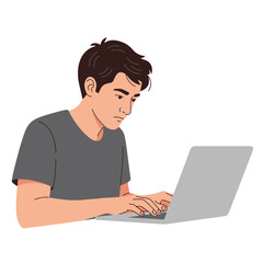 Focused Young Man Typing on Laptop Computer for Online Learning and Remote Work, Perfect for Digital Nomad Lifestyle and Educational Technology Illustrations