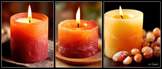 Three burning candles in warm autumnal colors