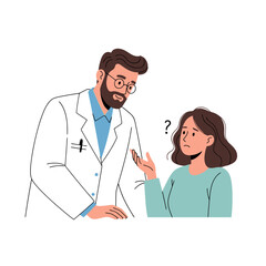 Confused Patient Consulting Doctor, Seeking Medical Advice and Diagnosis for Health Concerns, Ideal for Illustrating Healthcare Services, Medical Information, and Patient Education Materials.