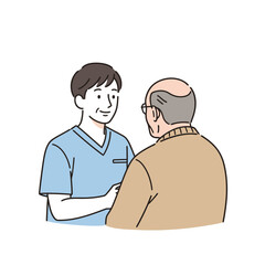 Fototapeta premium Compassionate Caregiver Engaging with Senior Man, Illustrating Empathy and Support in Healthcare Settings. Ideal for Ageing, Home Care Services and Medical Illustration Projects.