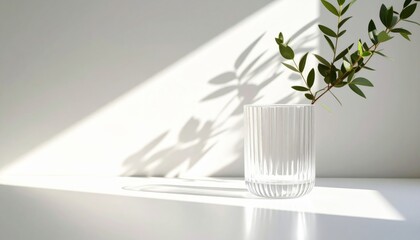 Green plant in a clear glass vase, with fresh leaves and water, isolated on white for a touch of nature and beauty