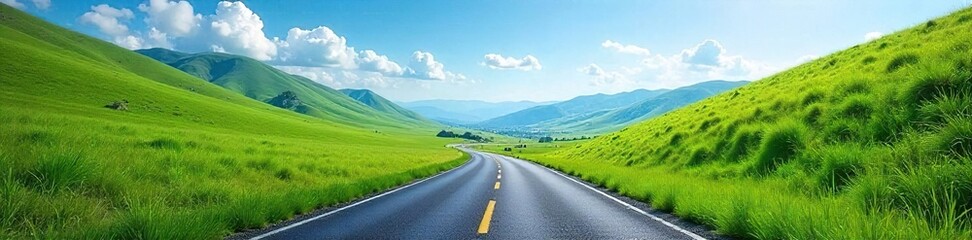 Naklejka premium Winding Asphalt Road Through Lush Green Hills Leading to a Distant Horizon Under a Vibrant Blue Sky - Perfect for Travel and Adventure Concepts