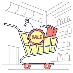 A shopping cart filled with groceries and a sale sign in a store with shelves in the background design