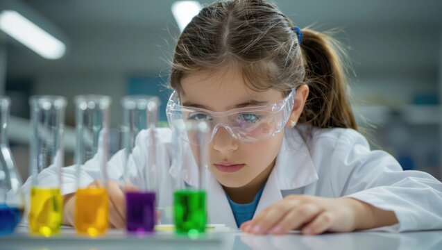 Young girl in lab coat and safety goggles intently examines colorful liquids in test tubes during a science experiment