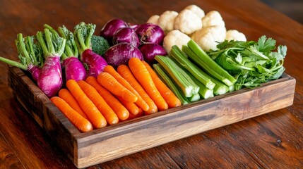 Colorful Assortment of Raw Vegetables on a Rustic Wooden Tray