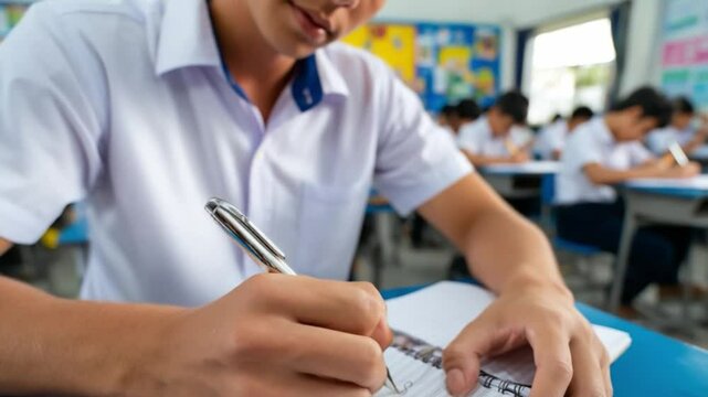 Student's Focus: Capturing the intensity of a student absorbed in the act of writing, the image offers a glimpse into the dedication and focus required for learning.