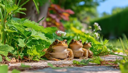 Obraz premium Three frogs in garden