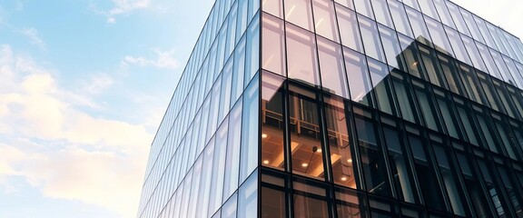 Sleek glass facade, geometric lines, steel framework, modern office building, glass, city