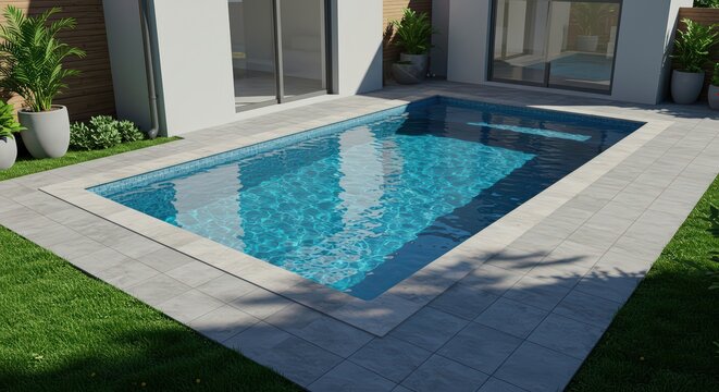 A rectangular swimming pool surrounded by grass and stone tiles in a modern backyard area