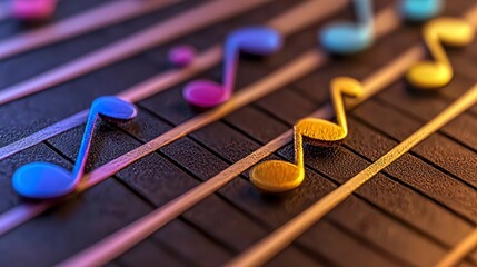 Naklejka premium Colorful Musical Notes on Textured Black Surface with Dynamic Light and Shadow