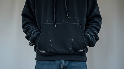 A faded black hoodie hanging on a metal hook mockup