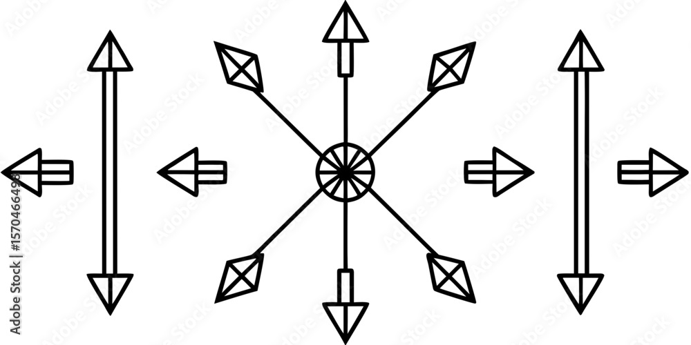 Poster geometric arrow design with radial and linear elements in black and white