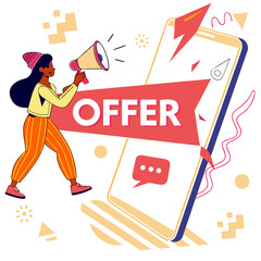 Woman announcing an offer with a megaphone next to a smartphone with chat bubble and abstract shapes