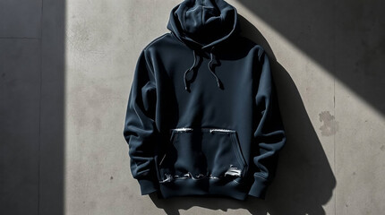 A faded black hoodie hanging on a metal hook mockup
