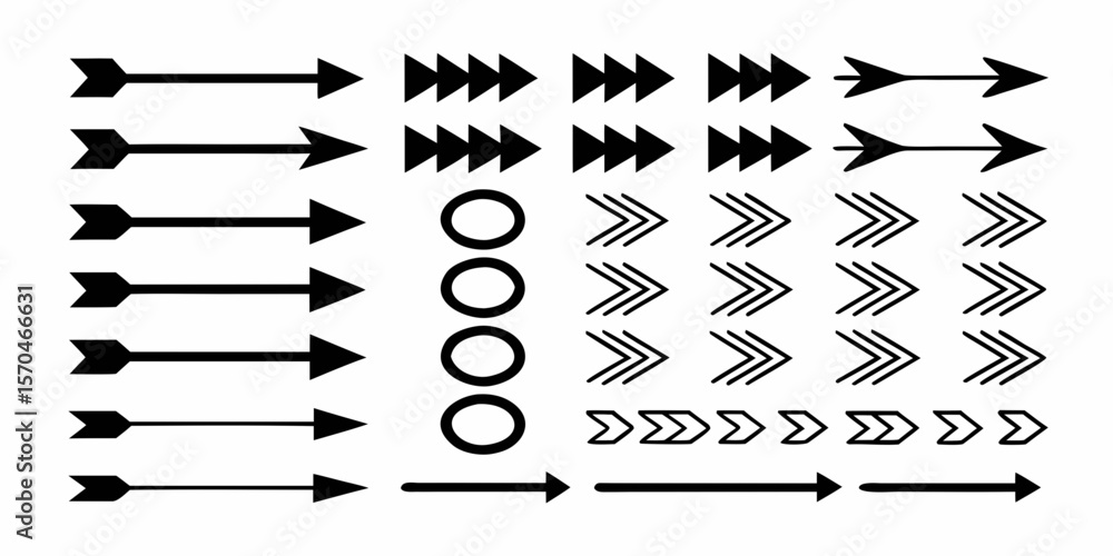Poster set of black arrow and circle icons in various styles