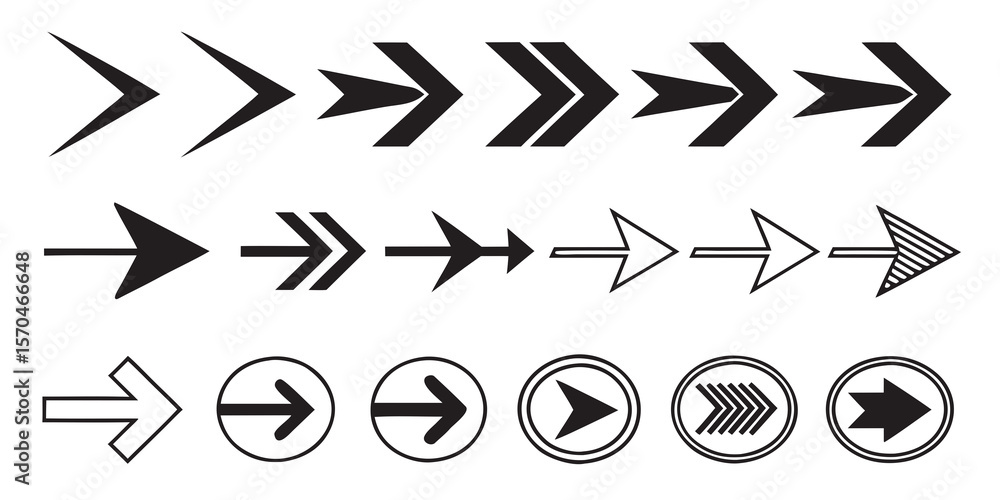 Poster set of different arrow shapes pointing right isolated on white background