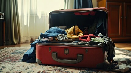 open suitcase with clothes spilling out onto the floor.