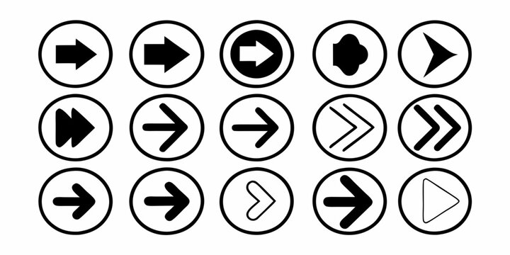 Diverse Arrow Icon Set in Black Circles on White Background