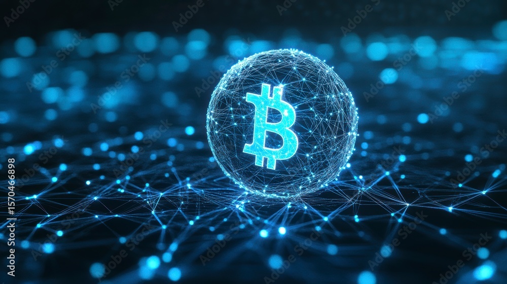 Aufkleber Glowing Bitcoin symbol inside a digital sphere on a network.