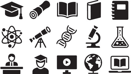 Education and science glyph icon set. Vector pictograms of atom, microscope, test tube, flask, telescope laptop, checklist, clipboard, black sign silhouette illustration.Imaging Multipel Icon 