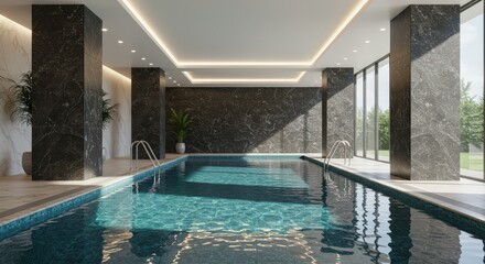 Obraz premium Interior view of an indoor swimming pool with marble pillars and large windows overlooking greenery