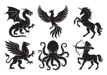 Silhouettes of legendary mythical creatures including dragon, phoenix, unicorn, griffin, kraken, and centaur in bold black vector art.