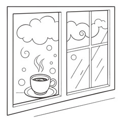 A window view with a cup of coffee on the windowsill and clouds and snow outside in a line drawing