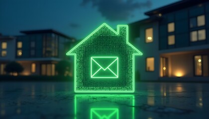 A glowing green house with an envelope icon in the middle, set against a nighttime background of buildings