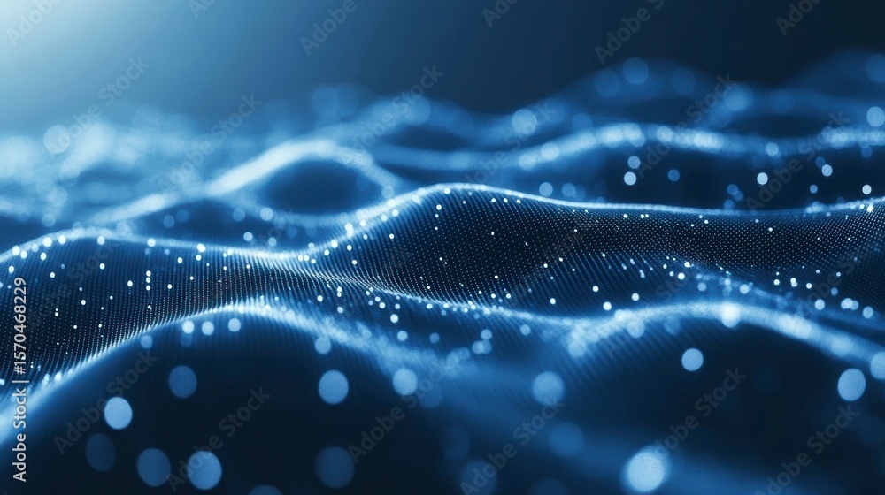 Poster Abstract blue digital wave background with glowing particles.