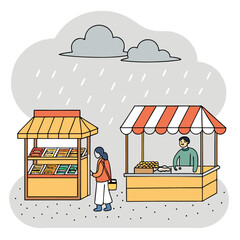 A woman shopping at outdoor market stalls under rain clouds with a vendor standing in a market stall