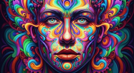 Vibrant Psychedelic Portrait of a Woman with Swirling Colors Embellishing Her Face