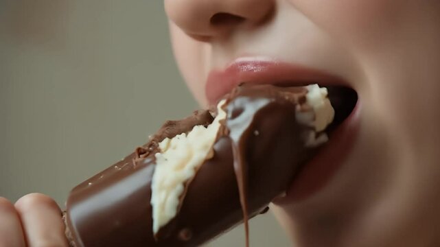 Close-up of a person eating a chocolate-covered ice cream bar, with melting chocolate dripping down.
