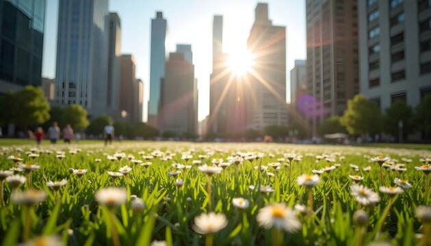 A field of daisies in front of a city skyline during sunset - Powered by Adobe