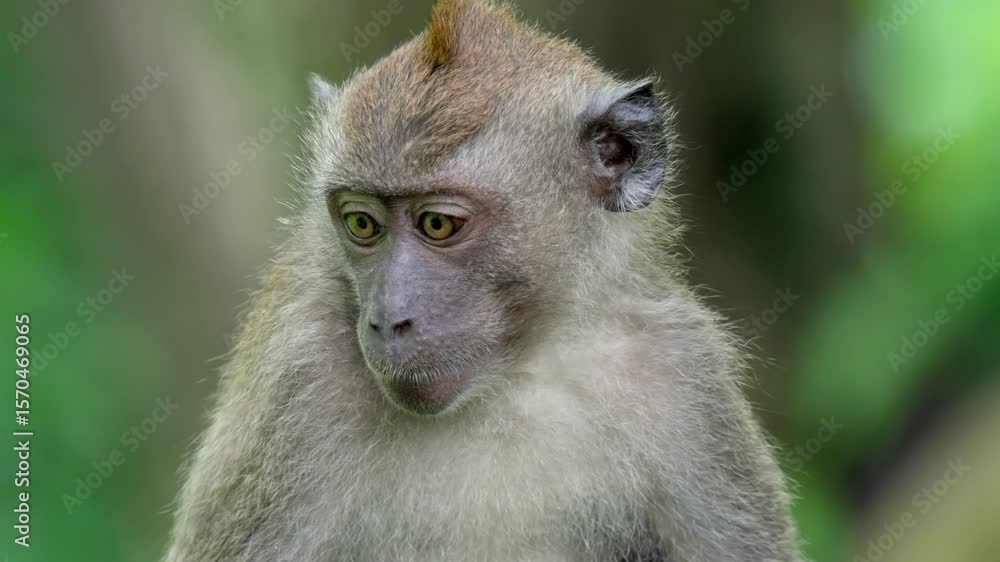 Poster long-tailed macaque monkey close-up view in bokeh background.