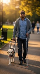Visually impaired man walks confidently with guide dog and white cane on a sunny path, promoting accessibility and independence.
