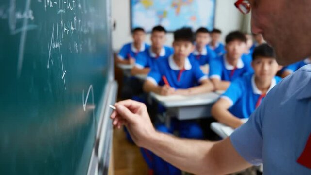 Teacher's Insight: A dedicated instructor passionately writes mathematical equations on a chalkboard, while a group of attentive students focus their attention to the lesson in class. - Powered by Adobe