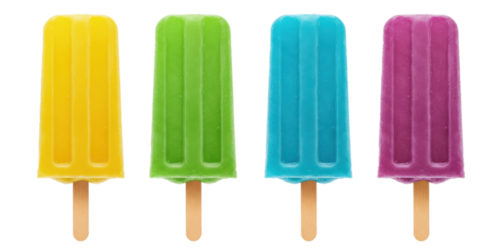 Four colorful fruit popsicles on sticks isolated on transparent background