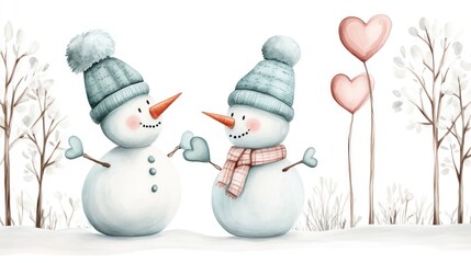 Two snowmen in a snow-covered meadow, their hats tilted playfully, with heart-shaped mittens and a backdrop of snow-covered trees on Valentine's Day. watercolor style