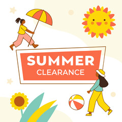 Summer clearance illustration with people, sun, beach ball, sunflower and umbrella on a white background