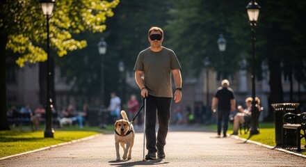 Blind Man Walking with Guide Dog Through City Park Path, symbolizing independence and accessibility.
