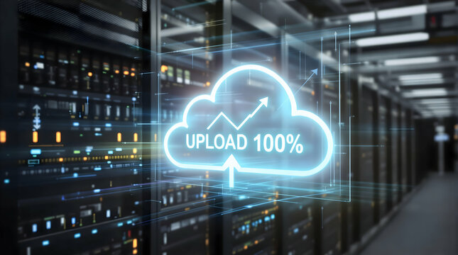 Cloud uploading data to a server room, digital cloud icon in background, data transfer concept for storage