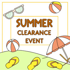 Summer clearance event with beach balls, sunglasses, flip flops, and a beach umbrella illustration
