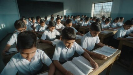 Learning Together: In a vintage school classroom, students engrossed in their books and each other in shared knowledge. Reflecting a study hall of engaged learning and knowledge acquisition.