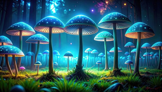 Glowing Blue Mushrooms In A Magical Forest