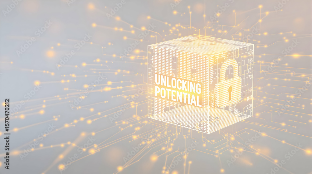 Poster digital cube unlocking potential with lock symbol, circuit-like background, illustrating data securi