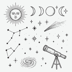 A detailed hand-drawn collection of celestial elements including moon phases, stars, constellations, and a vintage telescope illustration. © Chairul