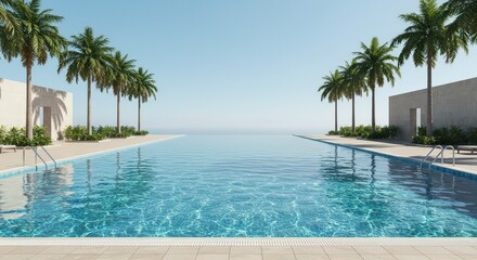 Obraz premium Infinity pool overlooking the ocean with palm trees lining the sides on a bright sunny day view